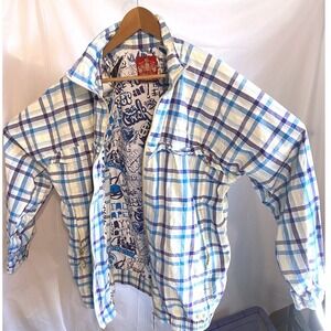 Stash House XL Plaid Bright Jacket Blue /Yellow/White Graffiti Print Streetwear